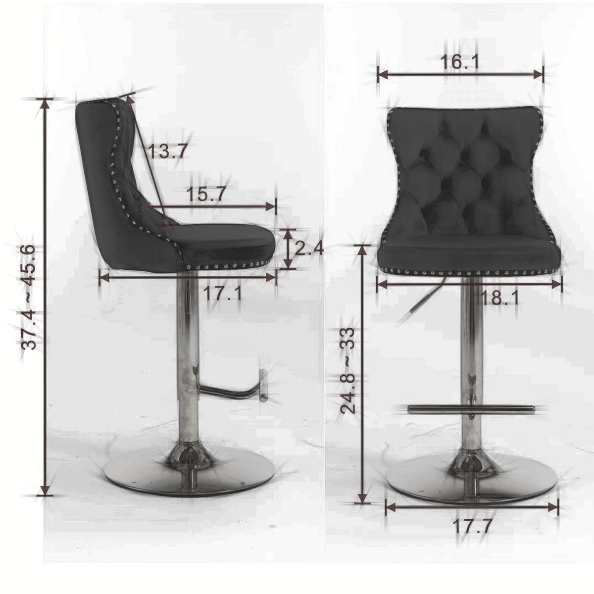 25-33 Inch, Modern Upholstered Chrome base Bar Stools with Back Comfortable Tufted for Home Pub and Kitchen Island(Black,Set of