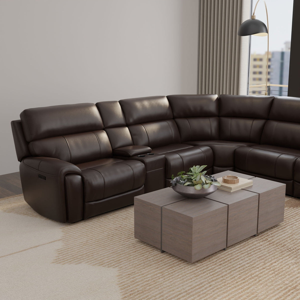 Power Sectional with Adjustable Headrest & Footrest - Dark Brown Leather