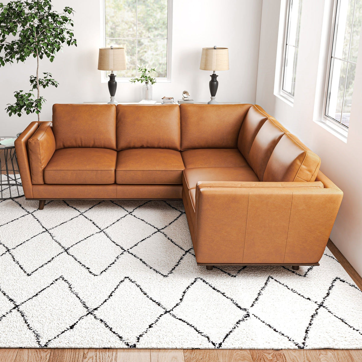 Tan Leather Corner Sectional Sofa with Eucalyptus Wood Frame - Tan