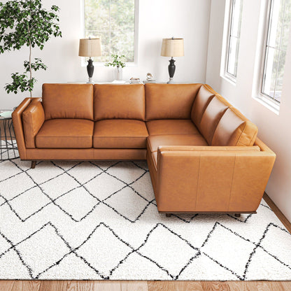 Tan Leather Corner Sectional Sofa with Eucalyptus Wood Frame - Tan