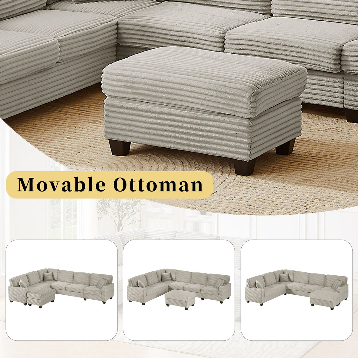 Upholstered U-Shaped Sectional Sofa with Movable Ottoman and Storage Pockets - Multiple Colors