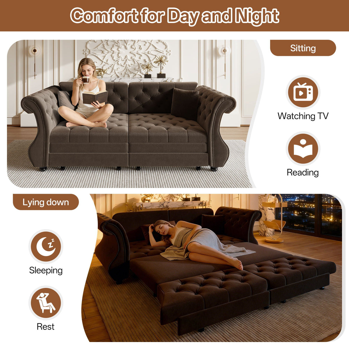 Oversized Chesterfield Pull Out Sofa Bed, Roll Arm Couch