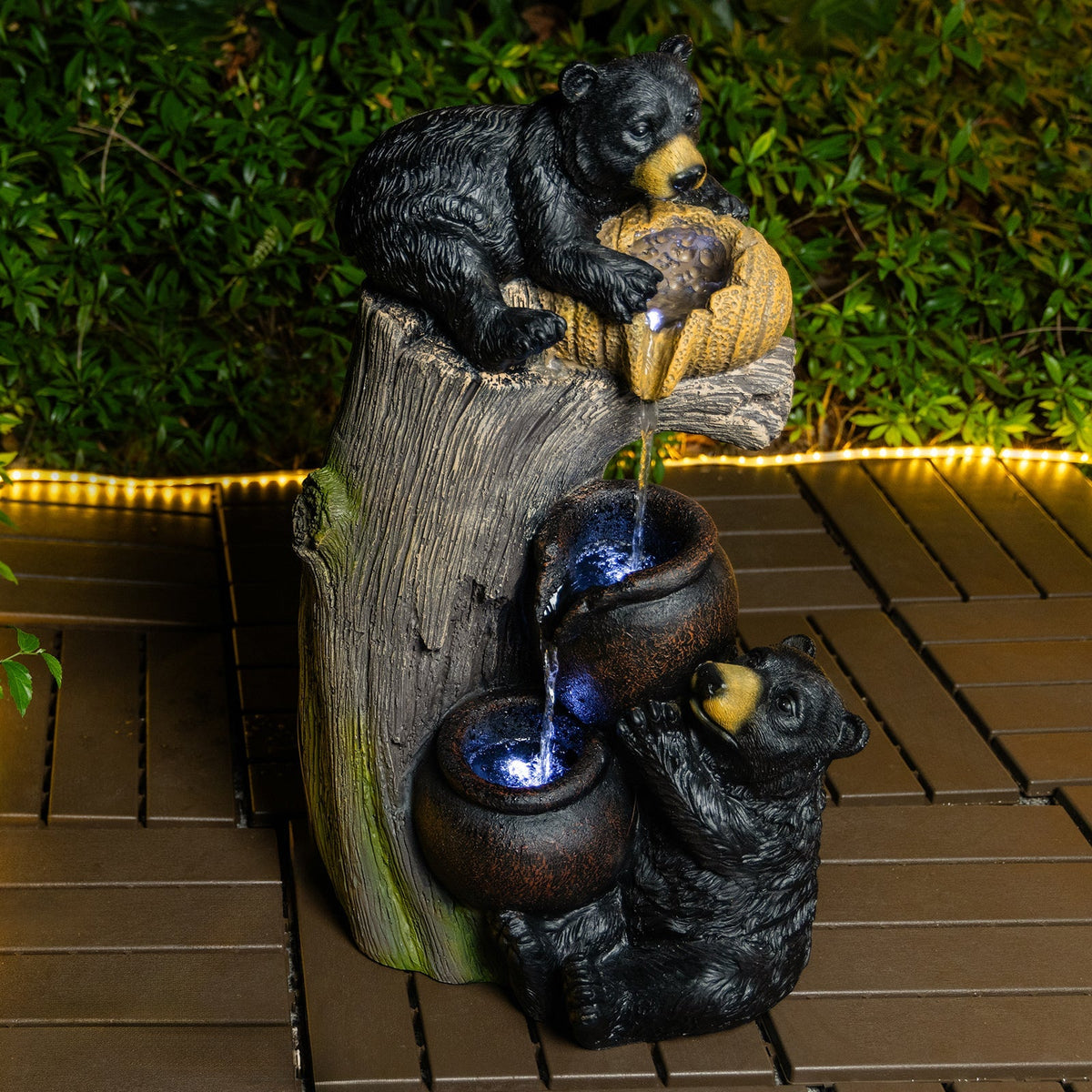 Bear Outdoor Water Fountain with LED Lights - Brown Grey