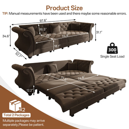 Oversized Chesterfield Pull Out Sofa Bed, Roll Arm Couch