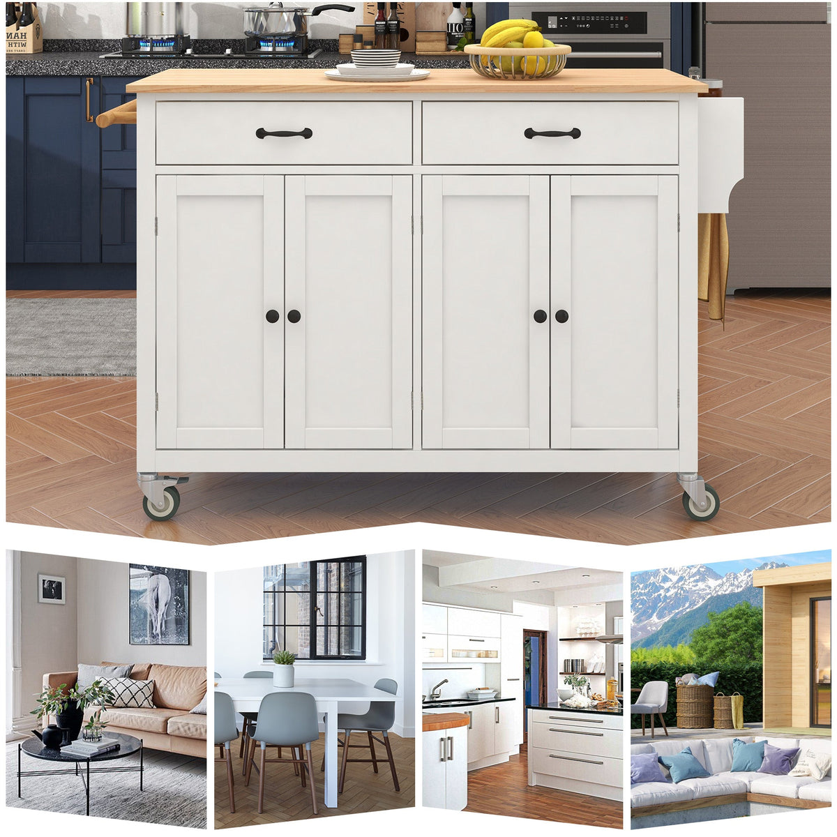 Kitchen Island Cart with Solid Wood Top and Locking Wheels 54.3 Inch Width  (White)