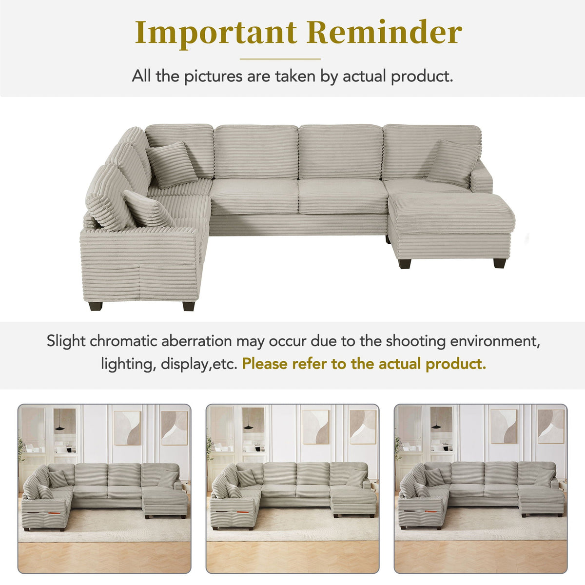 Upholstered U-Shaped Sectional Sofa with Movable Ottoman and Storage Pockets - Multiple Colors