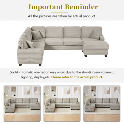 Upholstered U-Shaped Sectional Sofa with Movable Ottoman and Storage Pockets - Multiple Colors