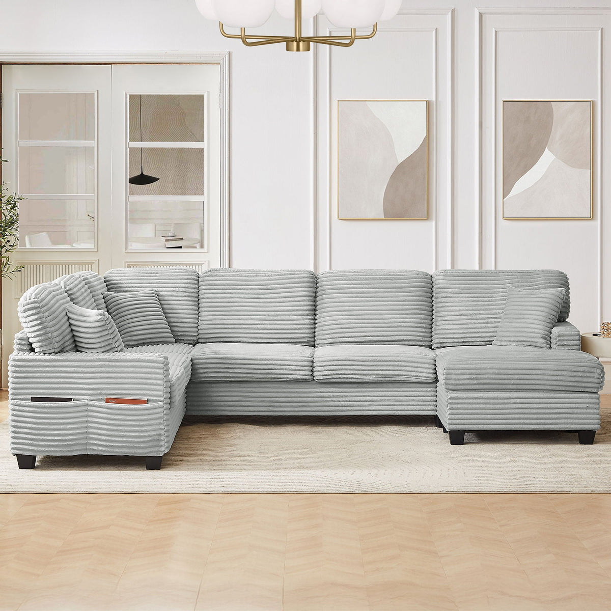 Upholstered U-Shaped Sectional Sofa with Movable Ottoman and Storage Pockets - Multiple Colors