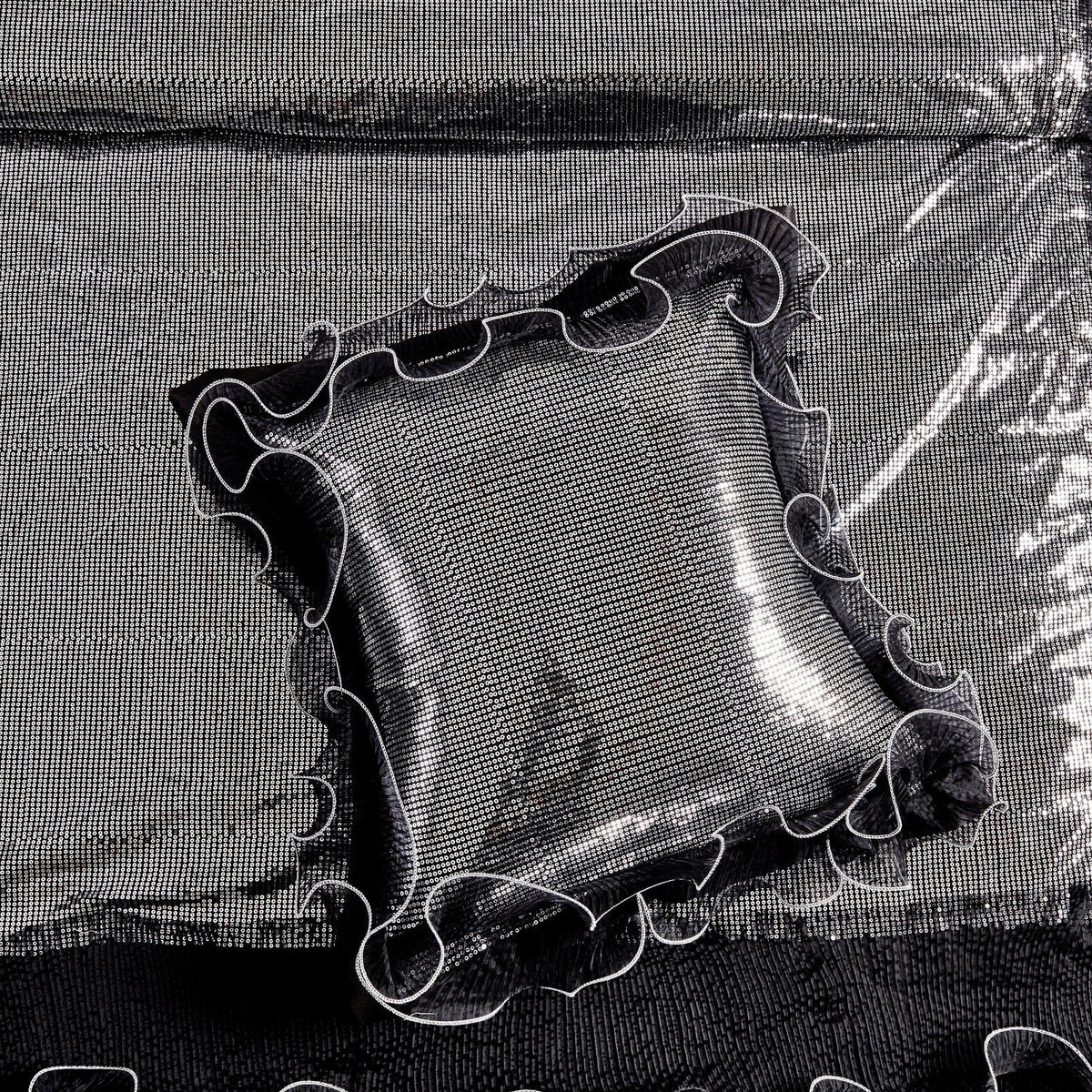Tache Luxurious Glam Night Out Silver Sequin Black Organza Ruffle 6pc Comforter Set (1622)