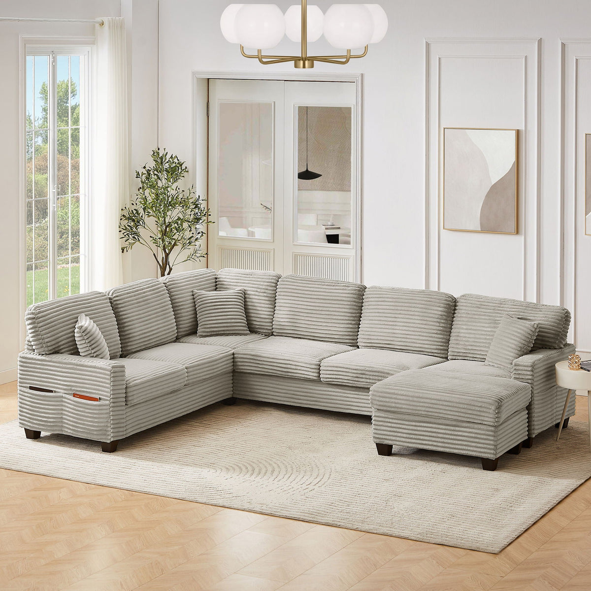 Upholstered U-Shaped Sectional Sofa with Movable Ottoman and Storage Pockets - Multiple Colors