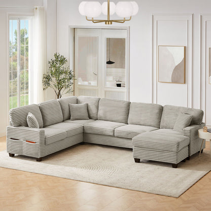 Upholstered U-Shaped Sectional Sofa with Movable Ottoman and Storage Pockets - Multiple Colors