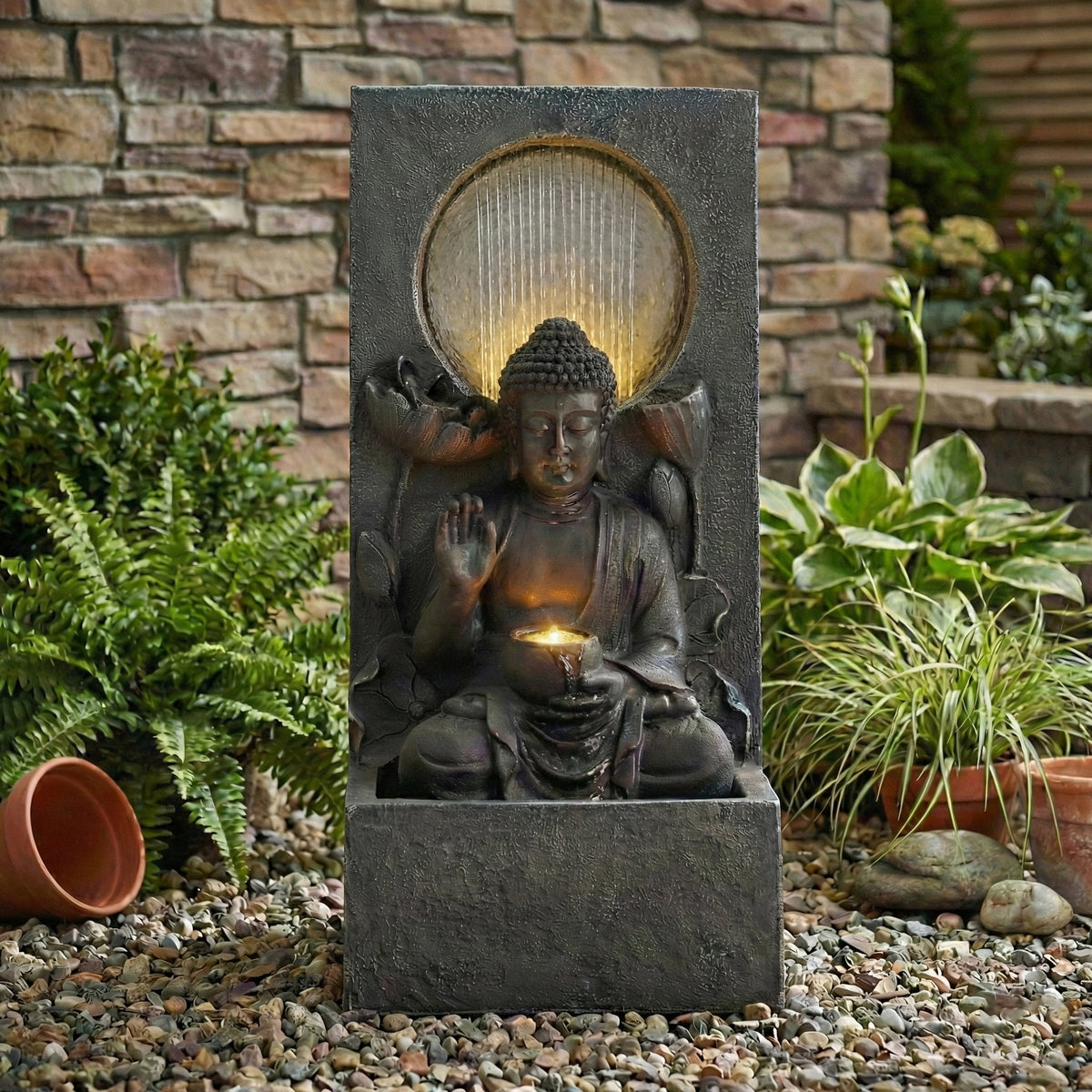 28" H Outdoor Buddha Waterfall Fountain with Serene Water Flow - Resin