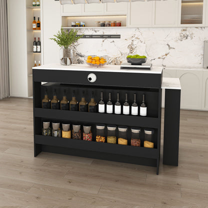 Kitchen Island With Extendable Rotating Table, 4 Drawers & Glass Door Cabinets, Built In Socket - Black