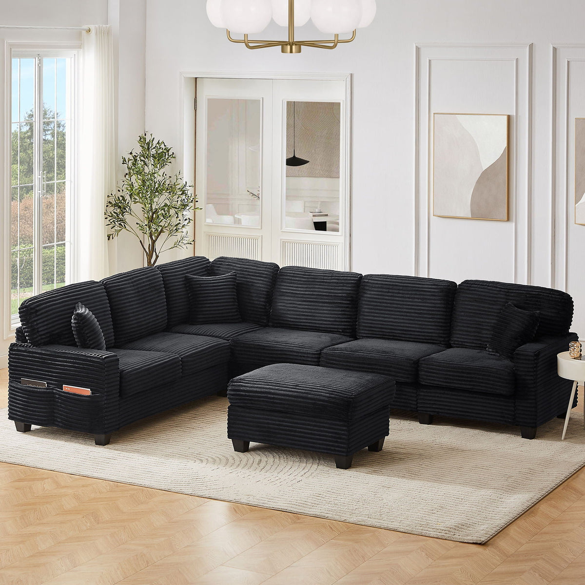 Upholstered U-Shaped Sectional Sofa with Movable Ottoman and Storage Pockets - Multiple Colors