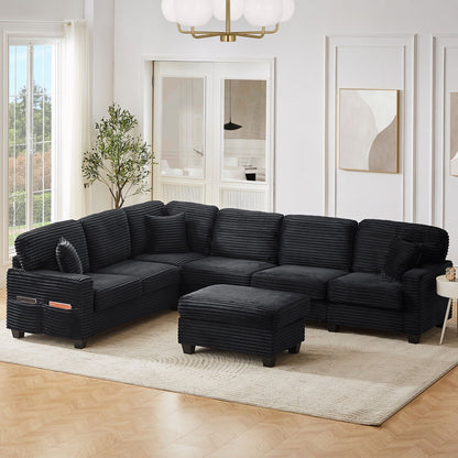 Upholstered U-Shaped Sectional Sofa with Movable Ottoman and Storage Pockets - Multiple Colors