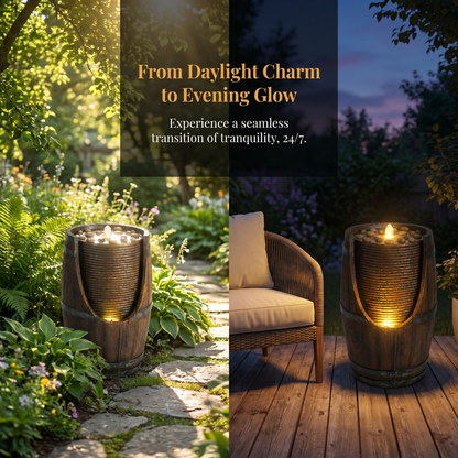Outdoor Barrel Water Fountain with Lights