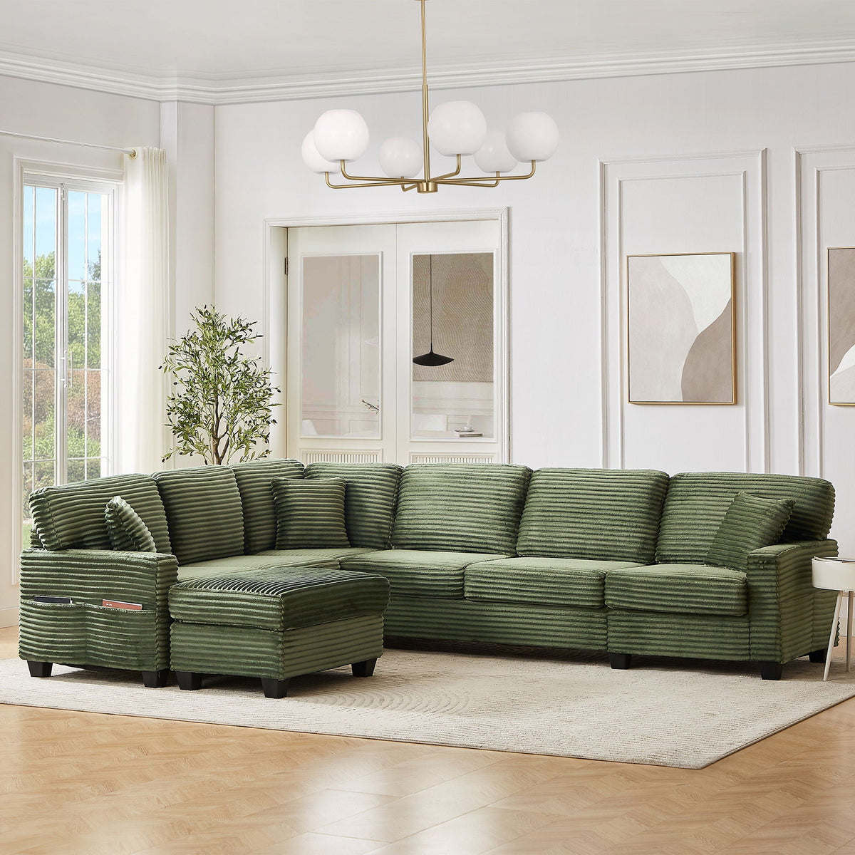 Upholstered U-Shaped Sectional Sofa with Movable Ottoman and Storage Pockets - Multiple Colors