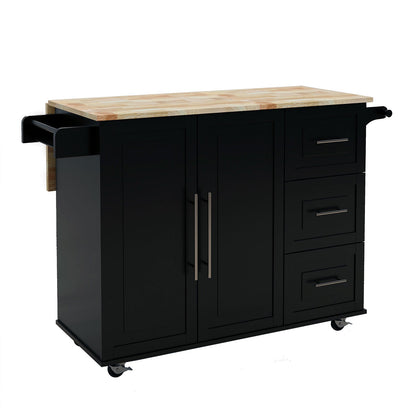 Kitchen Island with Spice Rack, Towel Rack and Extensible Solid Wood Top - Black