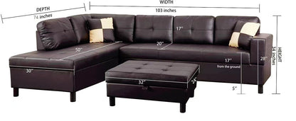 3 PC Sectional Sofa Set - Brown Faux Leather