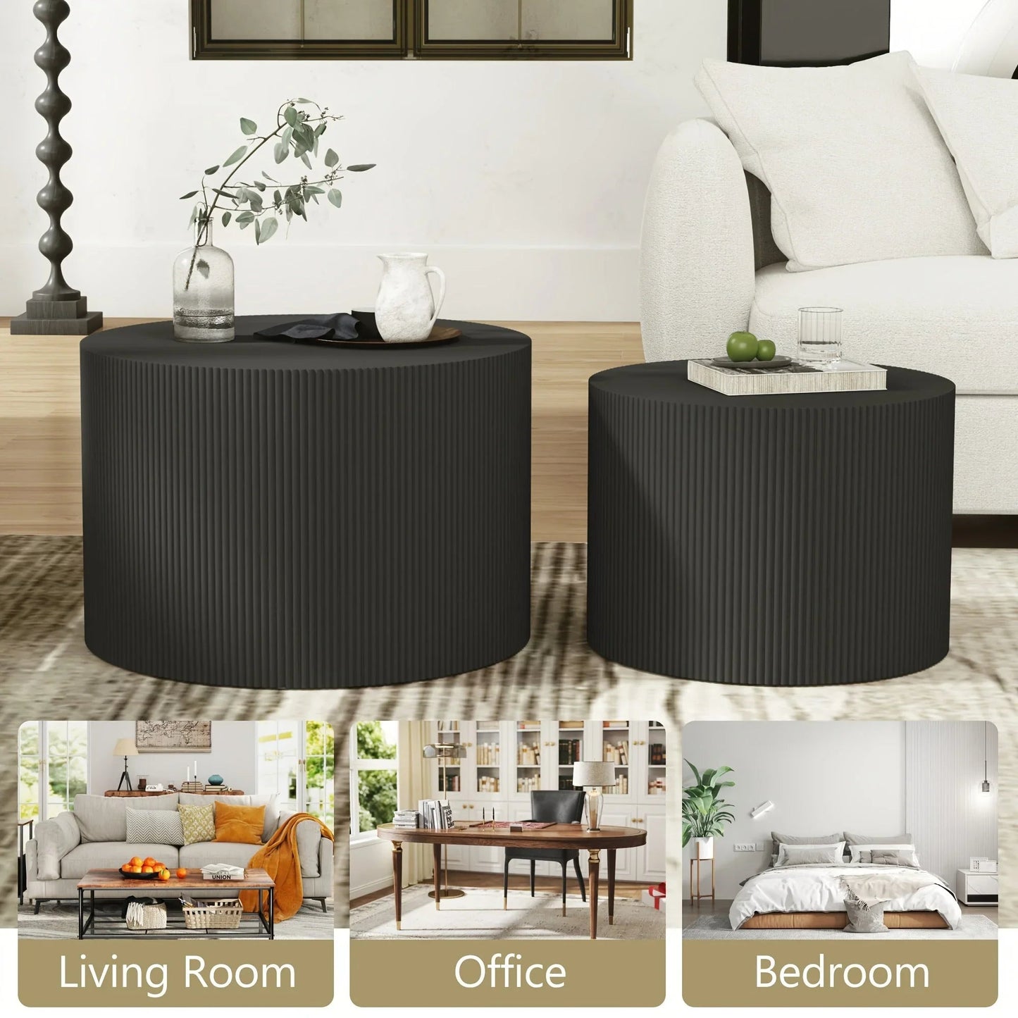 23.6" Vertical Grain Round Wooden Coffee Tables, Modern Nesting Coffee Table Set of 2, Indoor Side Table for Small Spaces Living Room, Bedroom, Balcony, Office