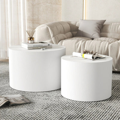 23.6" Vertical Grain Round Wooden Coffee Tables, Modern Nesting Coffee Table Set of 2, Indoor Side Table for Small Spaces Living Room, Bedroom, Balcony, Office