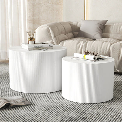 23.6" Vertical Grain Round Wooden Coffee Tables, Modern Nesting Coffee Table Set of 2, Indoor Side Table for Small Spaces Living Room, Bedroom, Balcony, Office