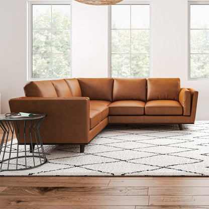 Tan Leather Corner Sectional Sofa with Eucalyptus Wood Frame - Tan
