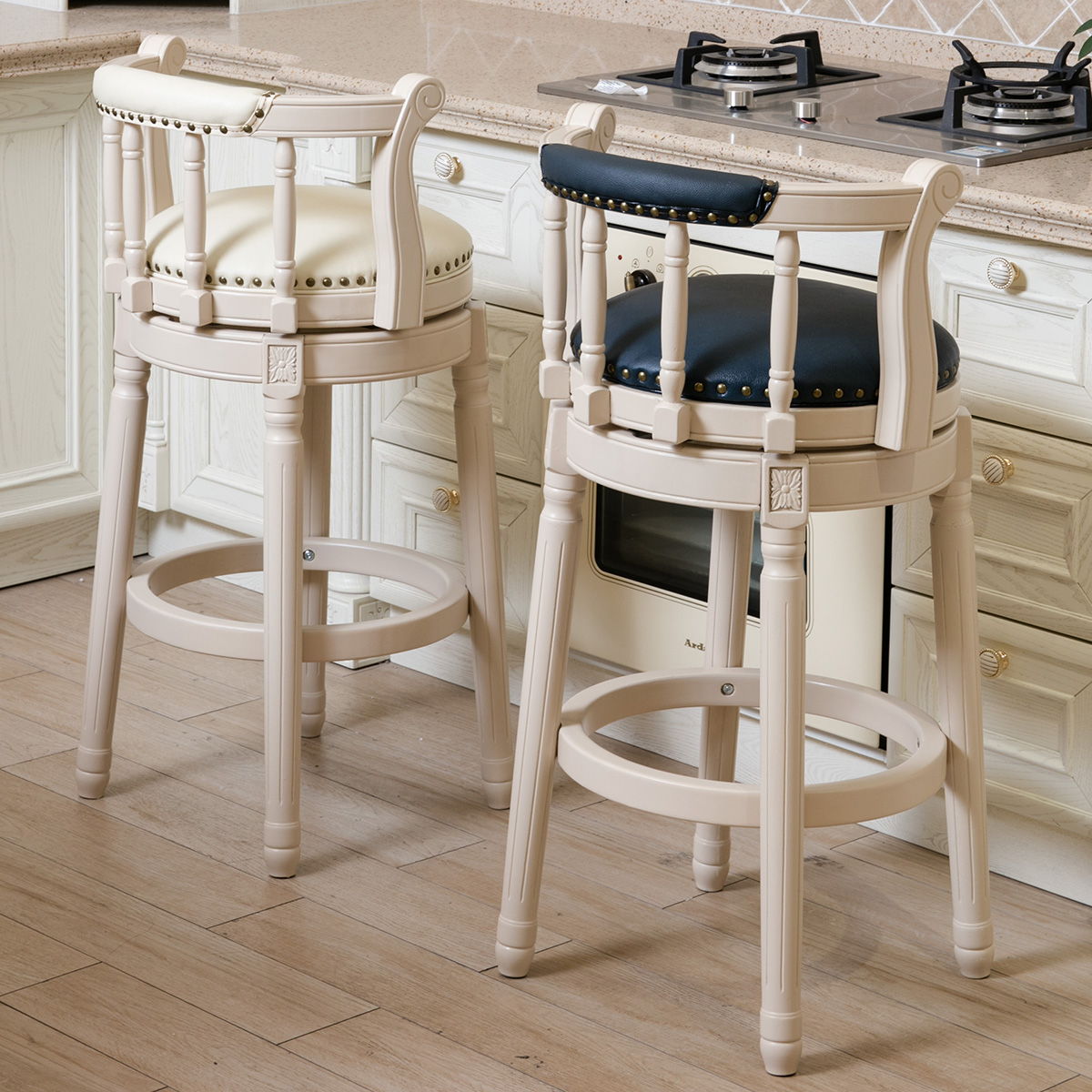 Wooden Bar Stool with Swivel and Full Back - White or Blue