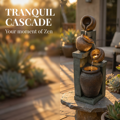 Outdoor 4-Tier Water Fountain with LED Lights - Brown Resin