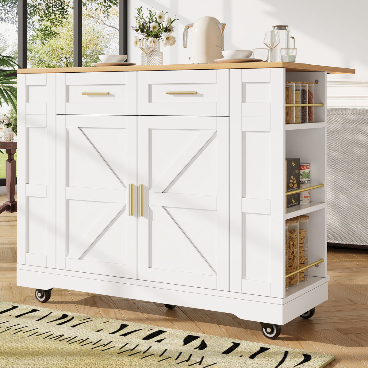 Kitchen Island On Wheels, Rolling Island Cart With 2 Drawers And Double-Sided Storage Racks, Storage Cabinet With Foldable Worktop, Mobile Carts, Portable Trolley For Home And Kitchen, White