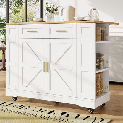 Kitchen Island On Wheels, Rolling Island Cart With 2 Drawers And Double-Sided Storage Racks, Storage Cabinet With Foldable Worktop, Mobile Carts, Portable Trolley For Home And Kitchen, White