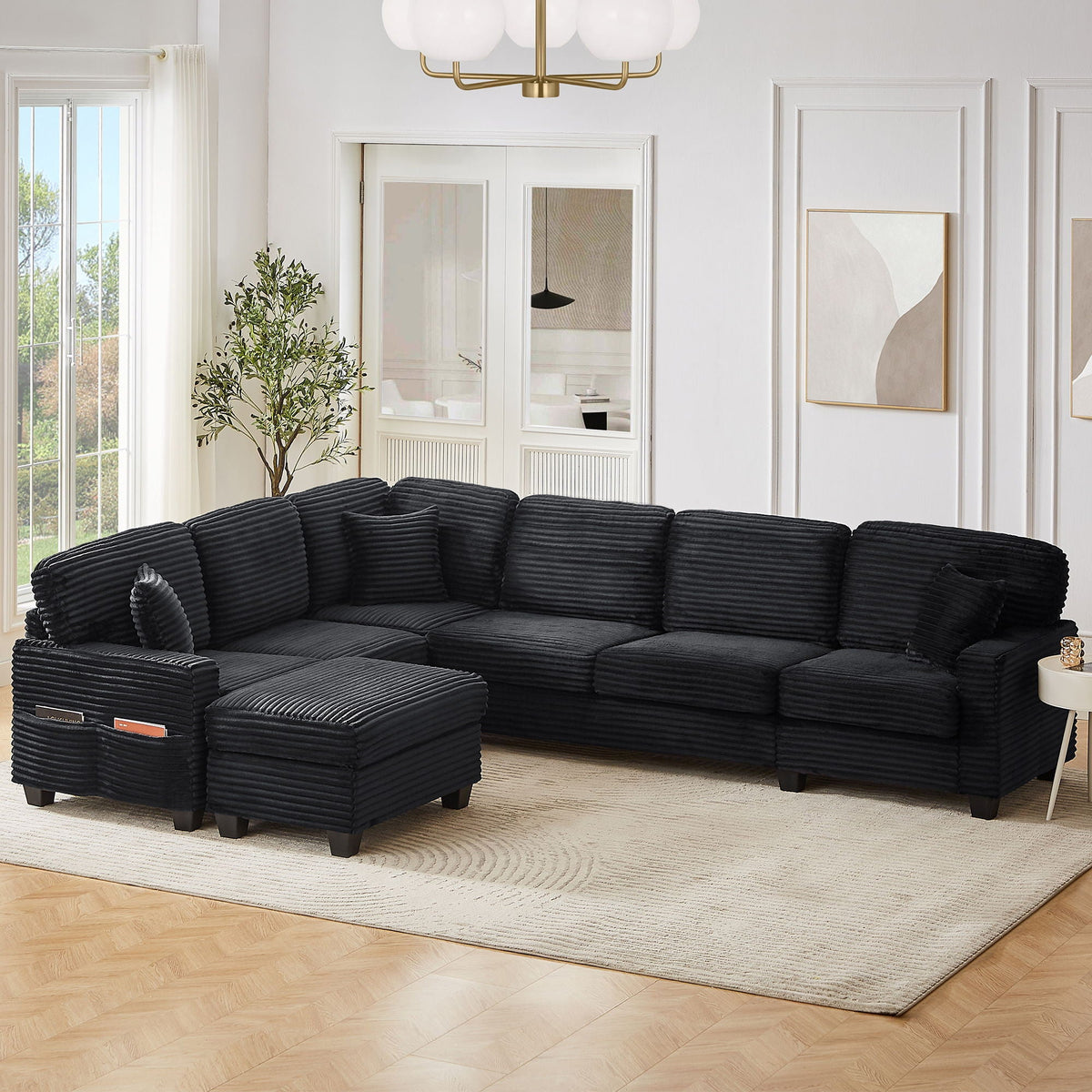 Upholstered U-Shaped Sectional Sofa with Movable Ottoman and Storage Pockets - Multiple Colors