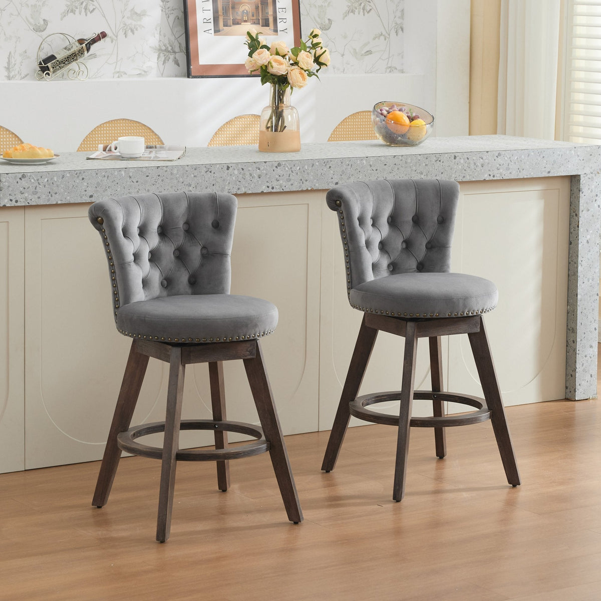 26" Counter Height Bar Stools with 360° Swivel - Gray