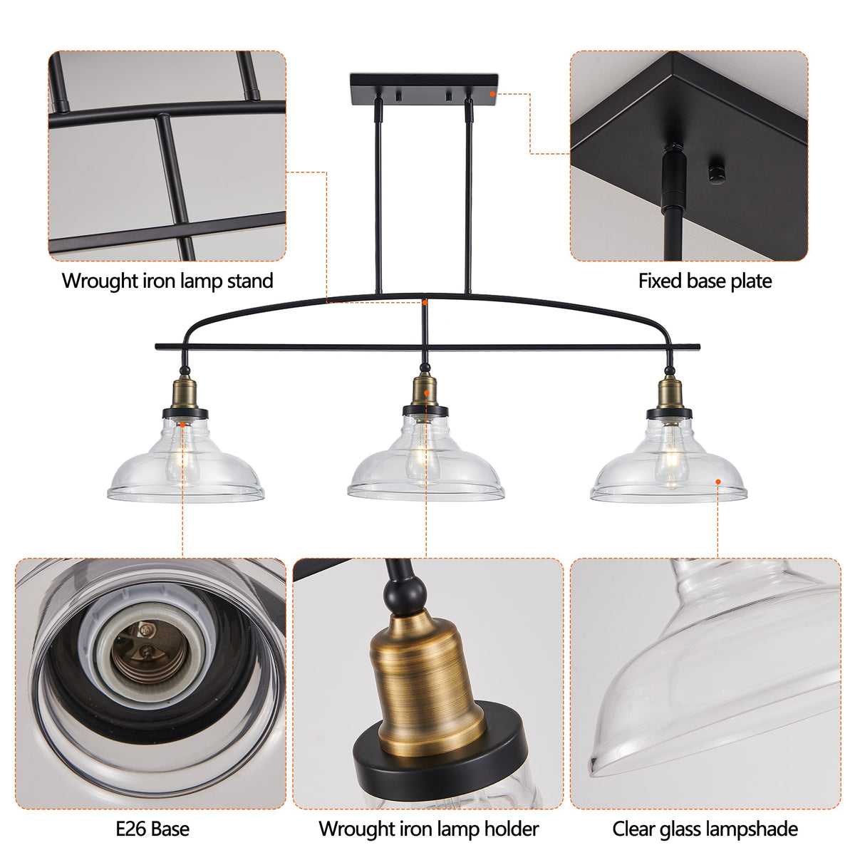 Industrial 3-Light Pendant Chandelier with Clear Glass Shades