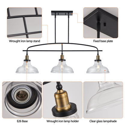 Industrial 3-Light Pendant Chandelier with Clear Glass Shades