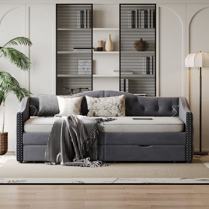 Full Size Bed Frame, Upholstered Cloud Bed Frame With Headboard, 2 Storage Drawers And 2 USB Charging Design, No Box Spring Needed - Gray