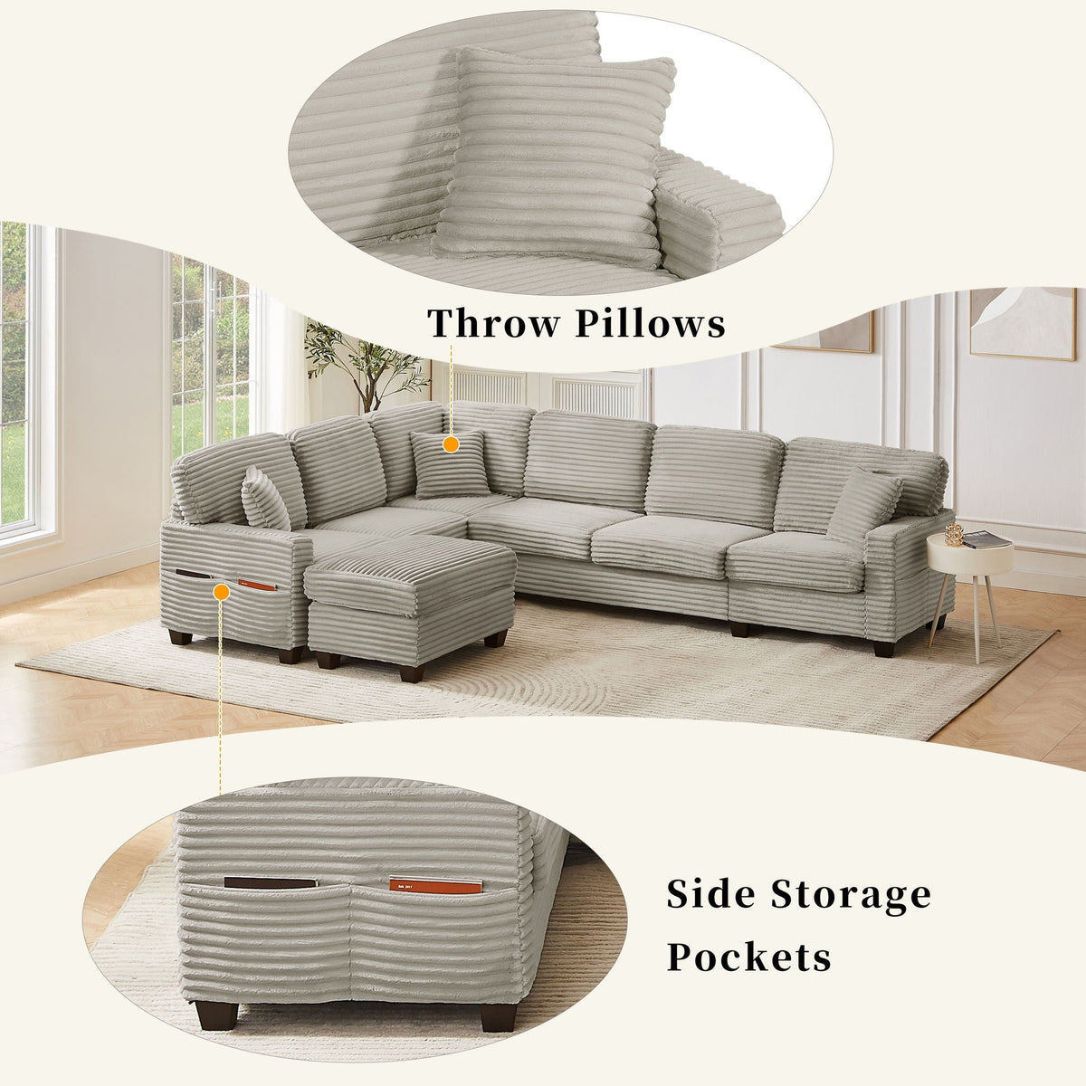 Upholstered U-Shaped Sectional Sofa with Movable Ottoman and Storage Pockets - Multiple Colors