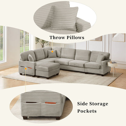 Upholstered U-Shaped Sectional Sofa with Movable Ottoman and Storage Pockets - Multiple Colors