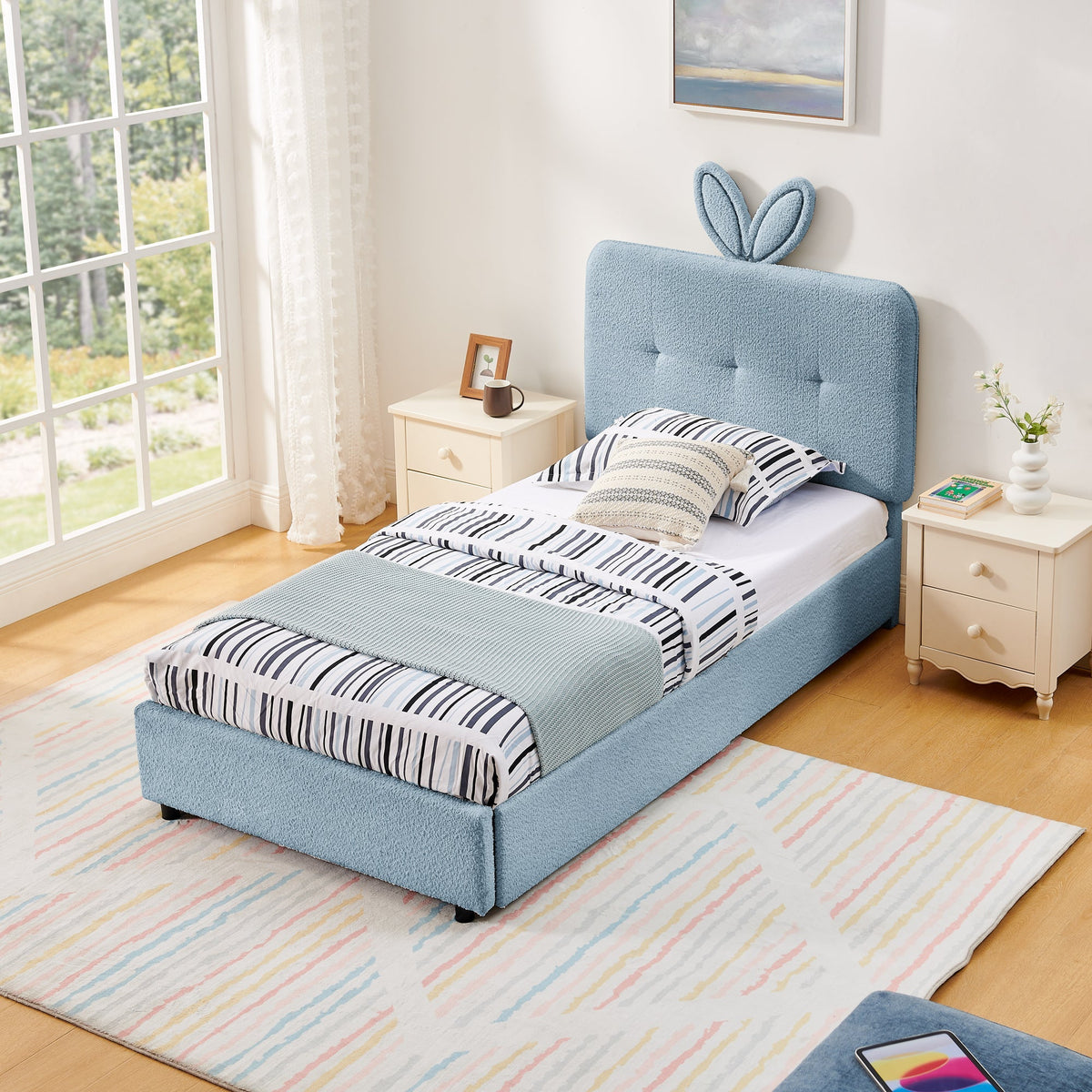 Twin Size Kids Upholstered Bed with Rabbit Ear Headboard & Storage - White Boucle