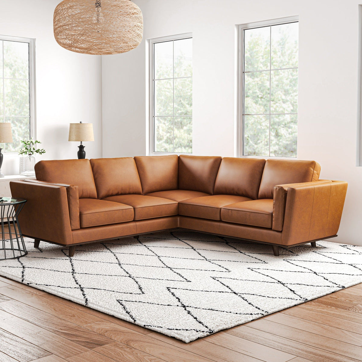 Tan Leather Corner Sectional Sofa with Eucalyptus Wood Frame - Tan