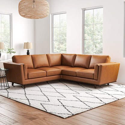 Tan Leather Corner Sectional Sofa with Eucalyptus Wood Frame - Tan