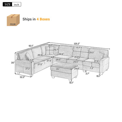 Upholstered U-Shaped Sectional Sofa with Movable Ottoman and Storage Pockets - Multiple Colors