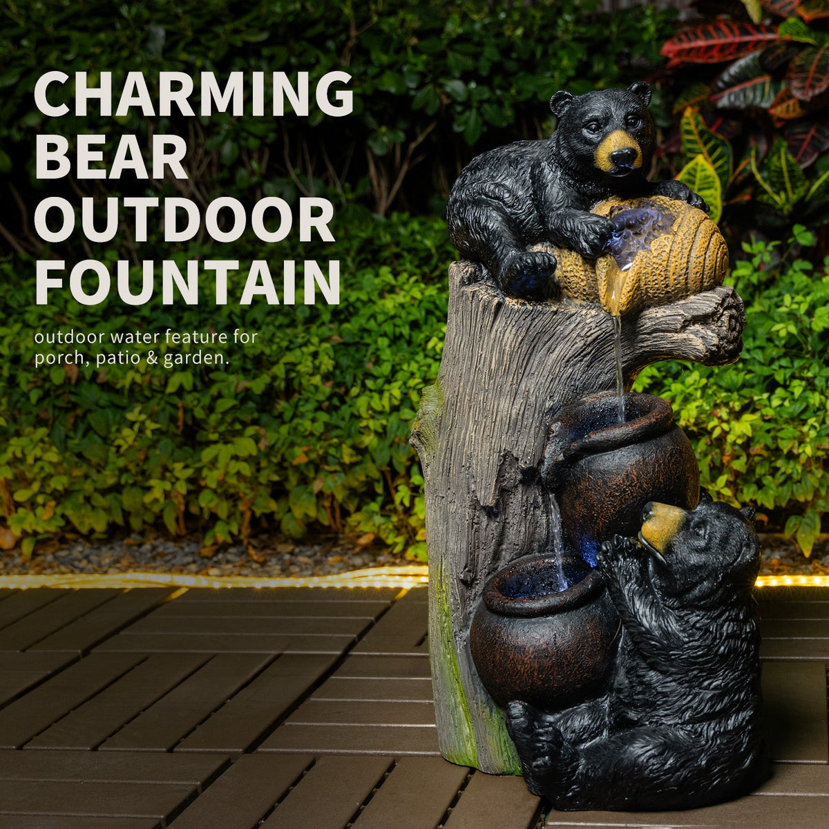 Bear Outdoor Water Fountain with LED Lights - Brown Grey