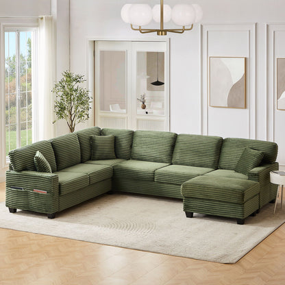 Upholstered U-Shaped Sectional Sofa with Movable Ottoman and Storage Pockets - Multiple Colors