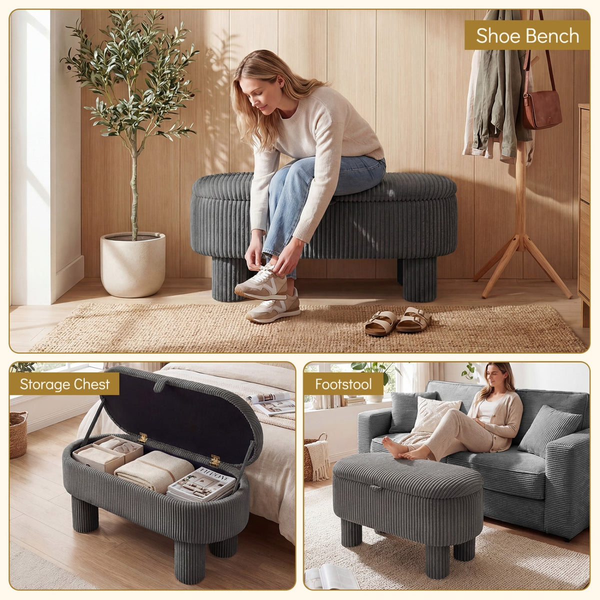 42 Inch Storage Ottoman Bench Corduroy Fabric Upholstered Foot Stool