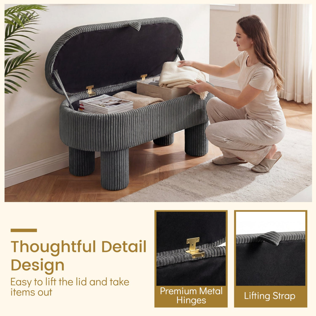 42 Inch Storage Ottoman Bench Corduroy Fabric Upholstered Foot Stool