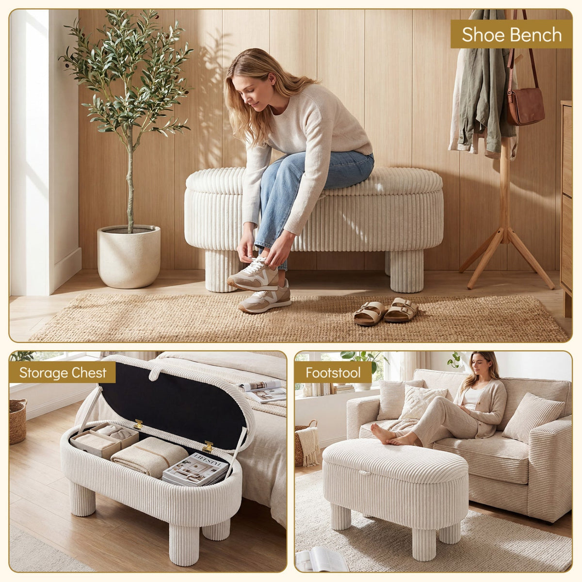 42 Inch Storage Ottoman Bench Corduroy Fabric Upholstered Foot Stool