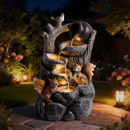 Squirrel Outdoor Water Fountain with Lights