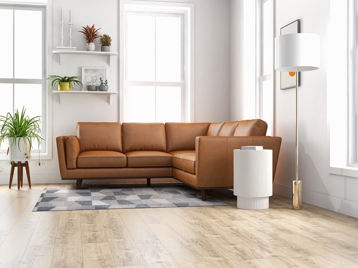 Tan Leather Corner Sectional Sofa with Eucalyptus Wood Frame - Tan