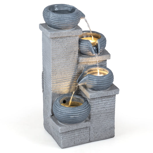 4-Tier Outdoor Water Fountain Cascading Bowl Waterfall Fountain with LED Lights